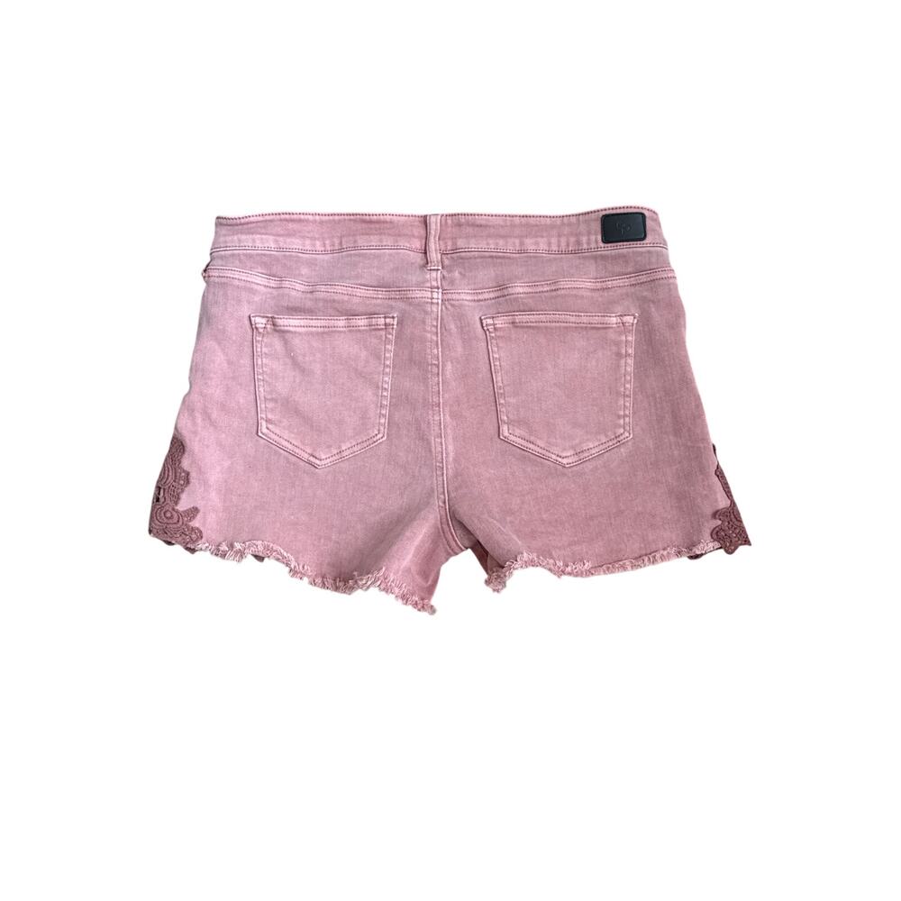 Celebrity Pink Dusty Rose Pink Denim Raw Hem Cut off Shorts with Lace Detail - Picture 4 of 6